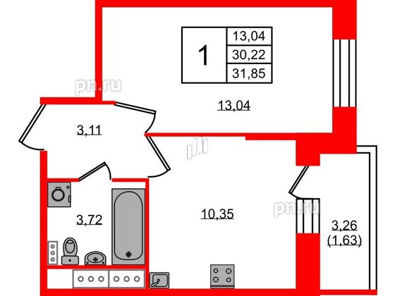 Квартира в ЖК Новое Колпино, 1 комнатная, 31.85 м², 3 этаж