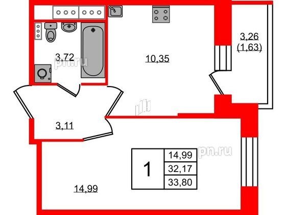 Квартира в ЖК Новое Колпино, 1 комнатная, 33.8 м², 5 этаж