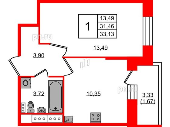 Квартира в ЖК Новое Колпино, 1 комнатная, 33.13 м², 5 этаж