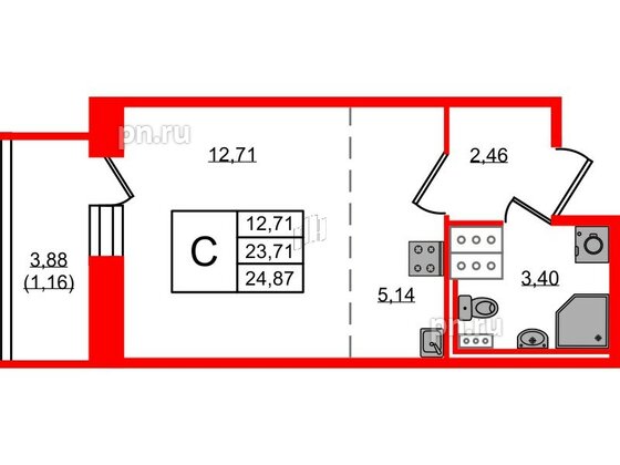 Квартира в ЖК Новое Колпино, студия, 24.87 м², 9 этаж