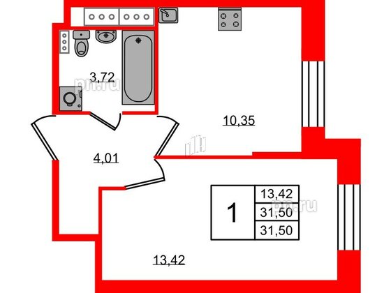 Квартира в ЖК Новое Колпино, 1 комнатная, 31.5 м², 2 этаж