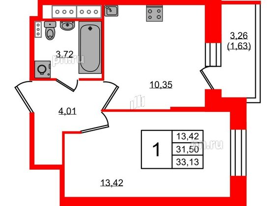 Квартира в ЖК Новое Колпино, 1 комнатная, 33.13 м², 9 этаж