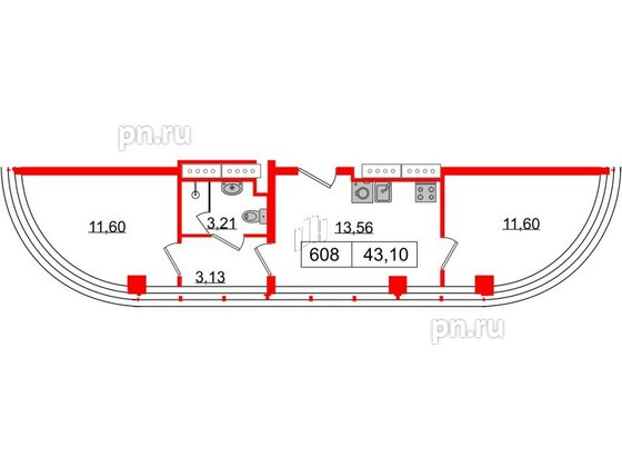 Апартаменты в ЖК Апарт-отель GloraX Заневский, 2 комнатные, 41.2 м², 6 этаж