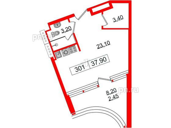 Апартаменты в ЖК Апарт-отель GloraX Заневский, студия, 37.9 м², 3 этаж