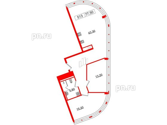 Апартаменты в ЖК Апарт-отель GloraX Заневский, 2 комнатные, 77.5 м², 5 этаж