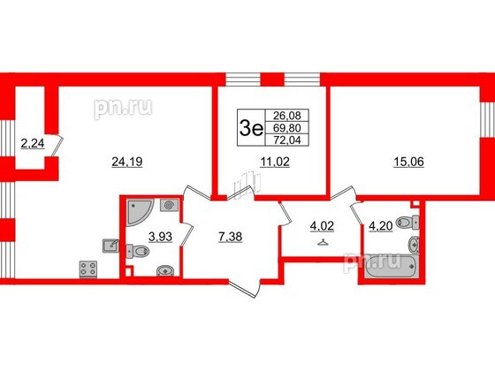 Квартира в ЖК Ilona, 2 комнатная, 69.6 м², 2 этаж