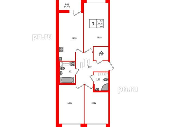 Квартира в ЖК Master Place, 3 комнатная, 71.5 м², 5 этаж