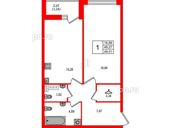 Квартира в ЖК Master Place, 1 комнатная, 49.51 м², 3 этаж