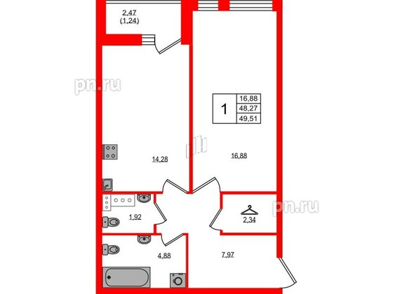 Квартира в ЖК Master Place, 1 комнатная, 49.51 м², 5 этаж