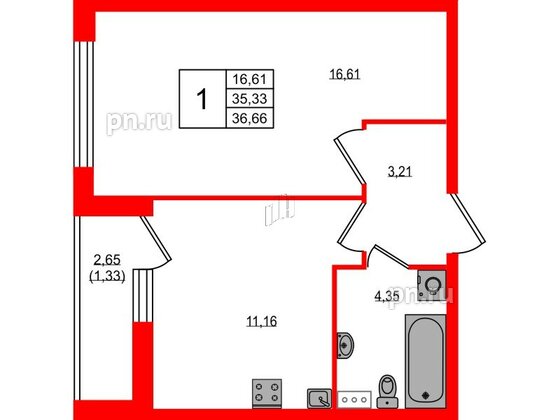 Квартира в ЖК Master Place, 1 комнатная, 36.66 м², 1 этаж