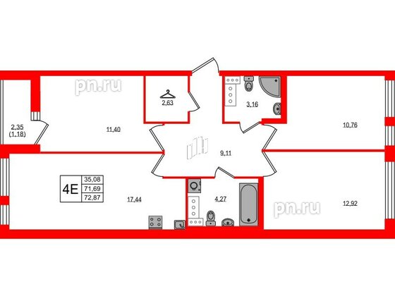 Квартира в ЖК Master Place, 3 комнатная, 72.87 м², 7 этаж