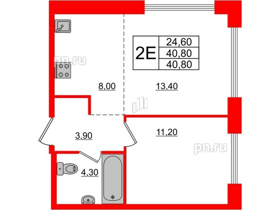 Квартира в ЖК Лермонтовский 54, 1 комнатная, 40.8 м², 1 этаж