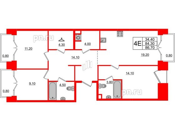 Квартира в ЖК Лермонтовский 54, 3 комнатная, 86.7 м², 5 этаж