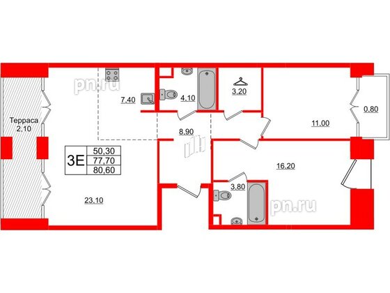 Квартира в ЖК «Лермонтовский 54», 2 комнатная, 80.4 м², 7 этаж