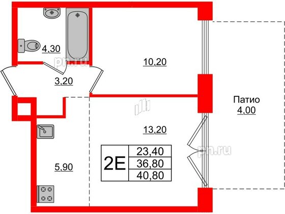 Квартира в ЖК Лермонтовский 54, 1 комнатная, 40.8 м², 1 этаж