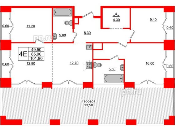 Квартира в ЖК Лермонтовский 54, 3 комнатная, 101.8 м², 9 этаж