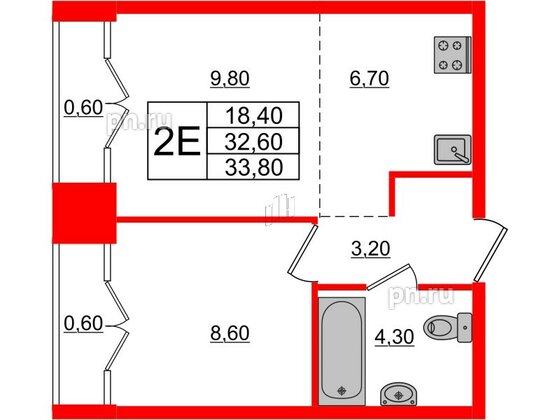 Квартира в ЖК Лермонтовский 54, 1 комнатная, 33.7 м², 9 этаж