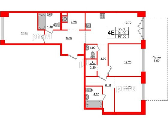 Квартира в ЖК «Лермонтовский 54», 3 комнатная, 96.4 м², 1 этаж
