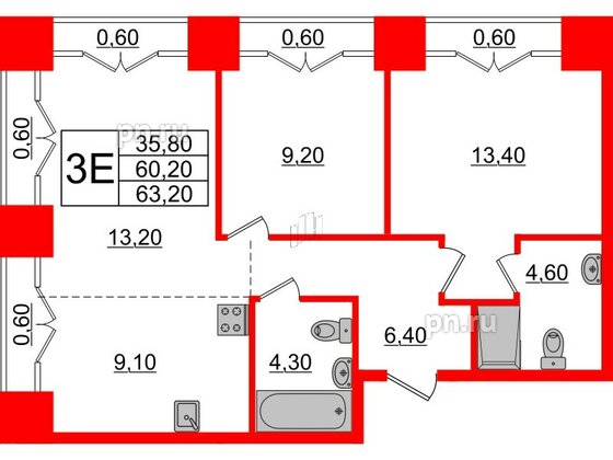 Квартира в ЖК Лермонтовский 54, 2 комнатная, 63.2 м², 8 этаж