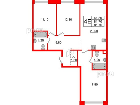 Квартира в ЖК Лермонтовский 54, 3 комнатная, 81.7 м², 1 этаж