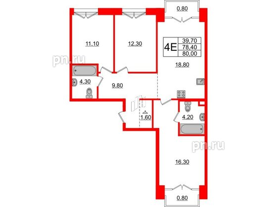 Квартира в ЖК Лермонтовский 54, 3 комнатная, 80 м², 6 этаж