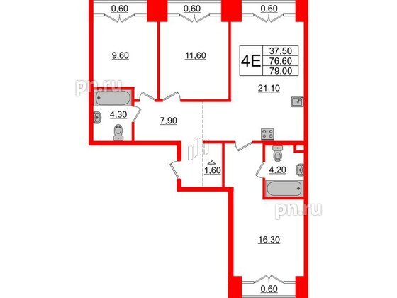 Квартира в ЖК Лермонтовский 54, 3 комнатная, 79 м², 8 этаж