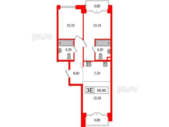 Квартира в ЖК Лермонтовский 54, 2 комнатная, 59.9 м², 6 этаж