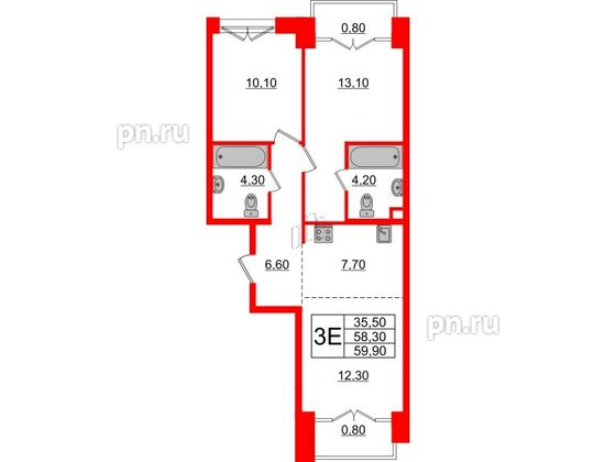 Квартира в ЖК Лермонтовский 54, 2 комнатная, 59.9 м², 7 этаж