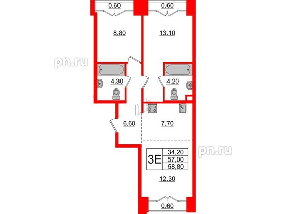 Квартира в ЖК Лермонтовский 54, 2 комнатная, 58.8 м², 8 этаж