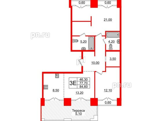 Квартира в ЖК Лермонтовский 54, 2 комнатная, 84.6 м², 9 этаж