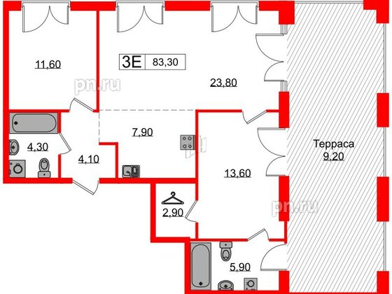 Квартира в ЖК Лермонтовский 54, 2 комнатная, 83.3 м², 7 этаж