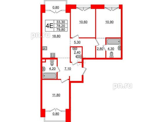 Квартира в ЖК Лермонтовский 54, 3 комнатная, 79.8 м², 5 этаж