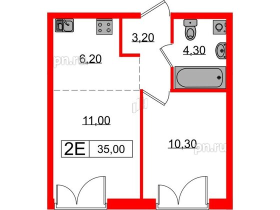 Квартира в ЖК Лермонтовский 54, 1 комнатная, 35 м², 2 этаж