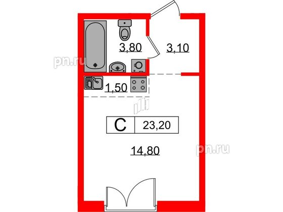 Квартира в ЖК Лермонтовский 54, студия, 23.2 м², 2 этаж