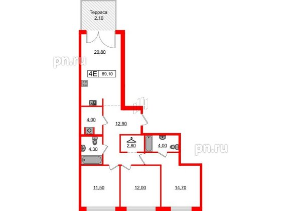 Квартира в ЖК Лермонтовский 54, 3 комнатная, 89.1 м², 1 этаж