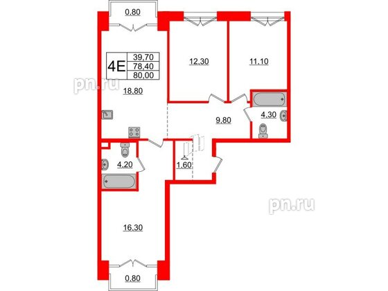 Квартира в ЖК «Лермонтовский 54», 3 комнатная, 79.8 м², 3 этаж