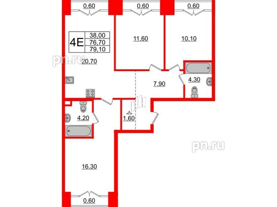 Квартира в ЖК Лермонтовский 54, 3 комнатная, 79.1 м², 9 этаж