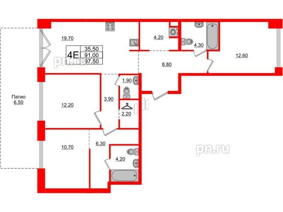 Квартира в ЖК Лермонтовский 54, 3 комнатная, 97.5 м², 1 этаж