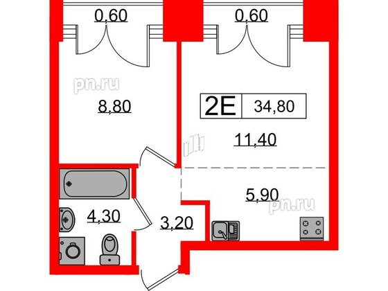 Квартира в ЖК Лермонтовский 54, 1 комнатная, 34.8 м², 8 этаж