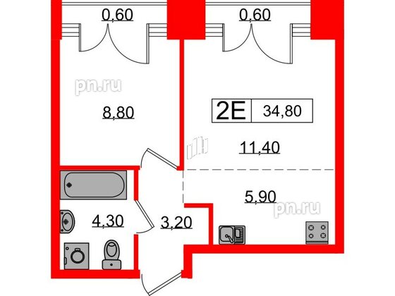 Квартира в ЖК Лермонтовский 54, 1 комнатная, 34.8 м², 9 этаж