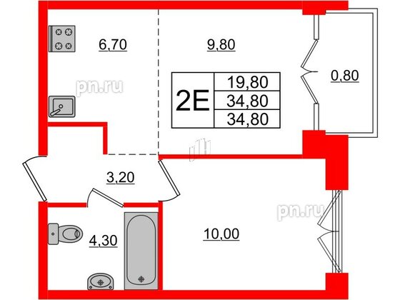 Квартира в ЖК Лермонтовский 54, 1 комнатная, 34.5 м², 2 этаж