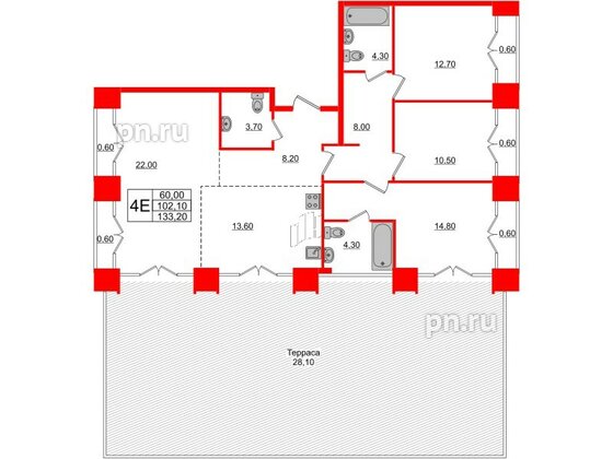 Квартира в ЖК Лермонтовский 54, 3 комнатная, 133.2 м², 8 этаж