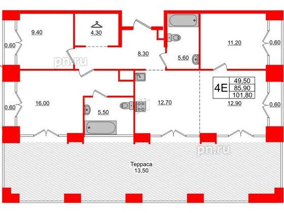 Квартира в ЖК Лермонтовский 54, 3 комнатная, 101.8 м², 9 этаж