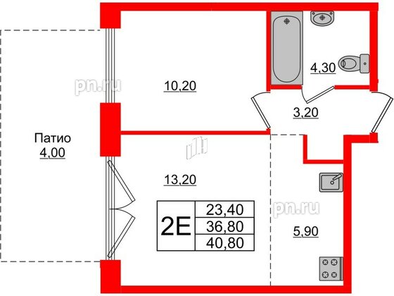 Квартира в ЖК Лермонтовский 54, 1 комнатная, 40.8 м², 1 этаж