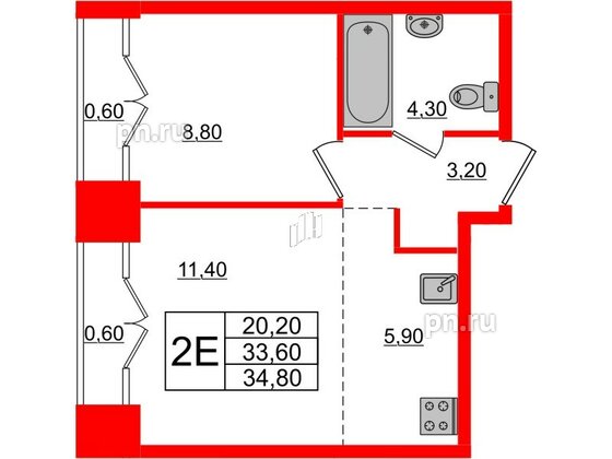 Квартира в ЖК Лермонтовский 54, 1 комнатная, 34.2 м², 9 этаж