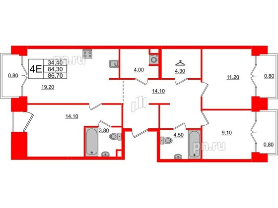 Квартира в ЖК Лермонтовский 54, 3 комнатная, 86.7 м², 6 этаж