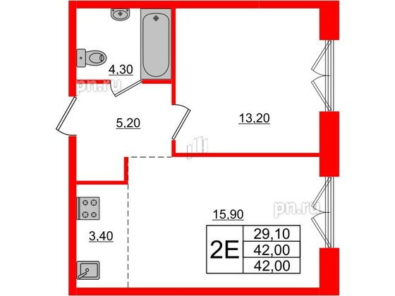 Квартира в ЖК Лермонтовский 54, 1 комнатная, 42 м², 7 этаж