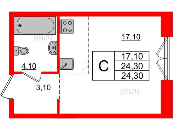 Квартира в ЖК Лермонтовский 54, студия, 24.3 м², 2 этаж