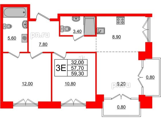 Квартира в ЖК Лермонтовский 54, 2 комнатная, 59.3 м², 4 этаж