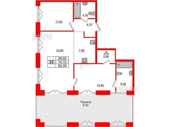 Квартира в ЖК Лермонтовский 54, 2 комнатная, 83.3 м², 7 этаж